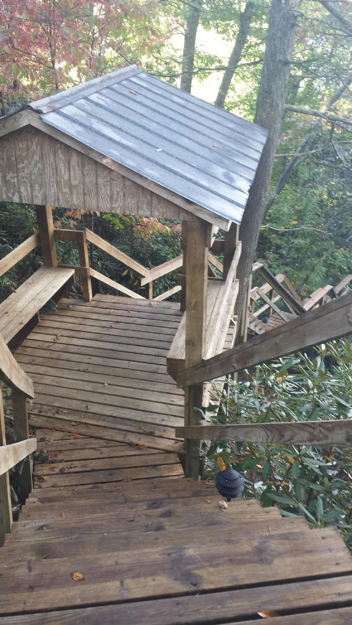 Metal roofed shelter over wooden steps on a wooded walkway — Skylight Repair & Installation work by our crew in Olivehill